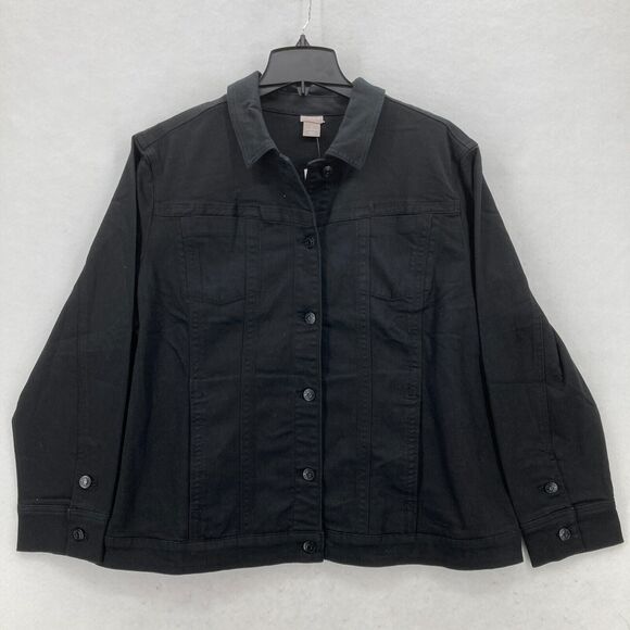 Chico's Denim Jacket Women's‎ 4 Black Button Front Classic Casual Layering Biker - Picture 1 of 16
